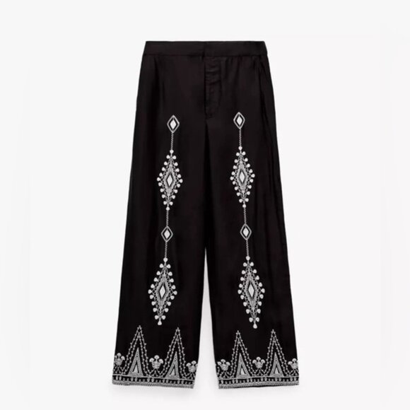 NWT Zara Embroidered High Waisted Silky Satin Wide Leg Pants 6895/272/800/ XS - Picture 1 of 16